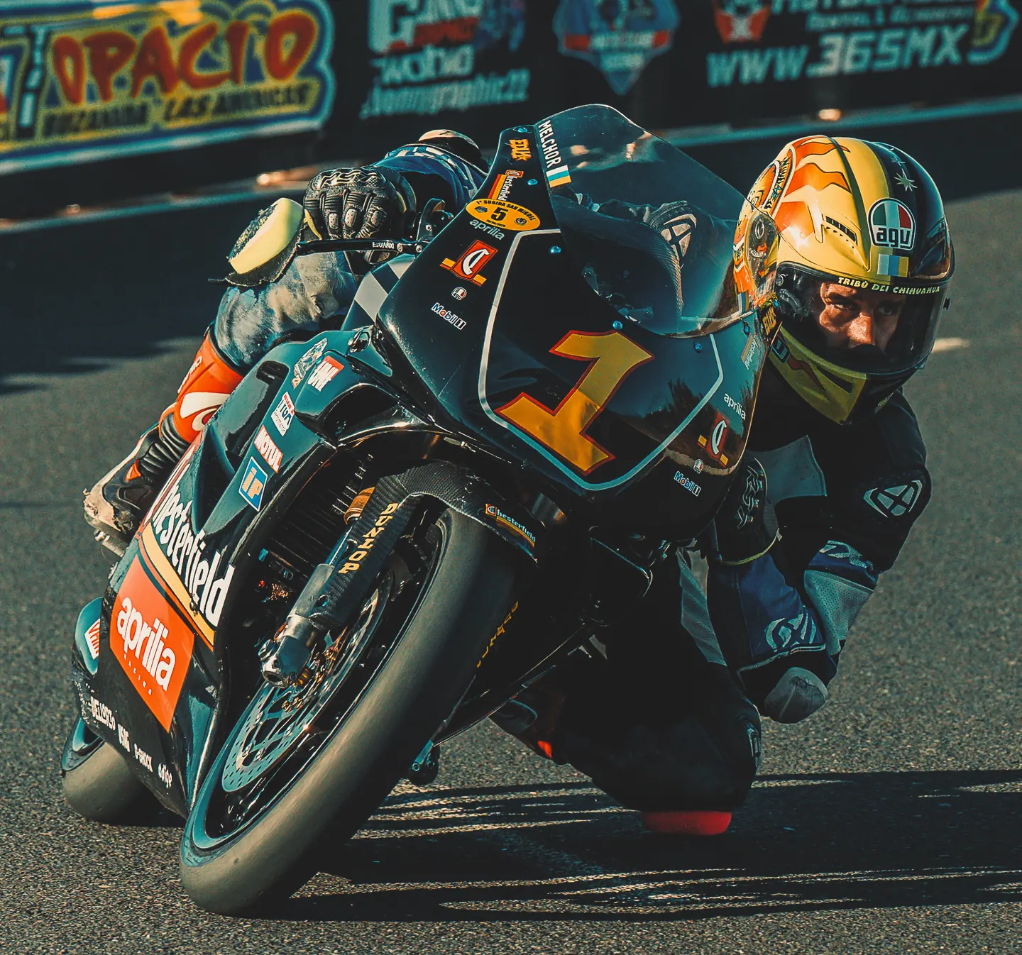 Piloto de carreras con moto verde en plena curva