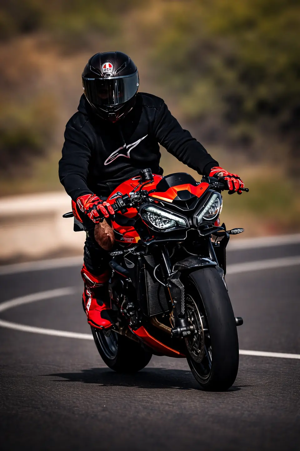 Motorista de negro sobre una moto roja en una curva